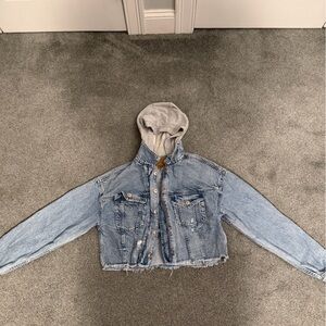 Cropped Blue Denim Jacket with Gray Hood